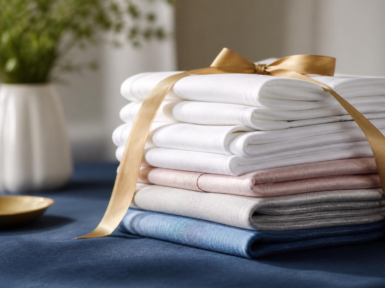 Neatly folded fresh laundry finished with a gold ribbon