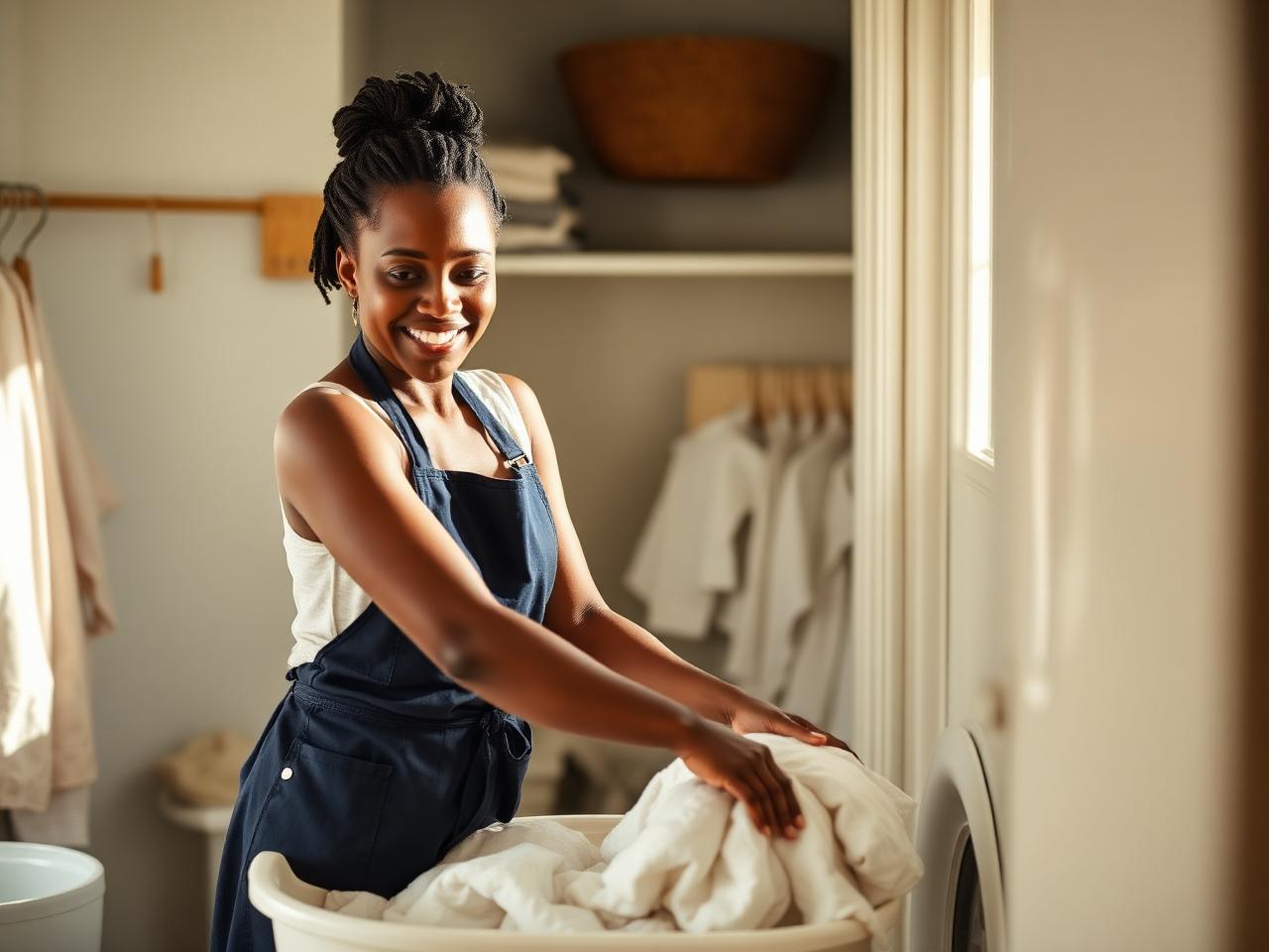 Amian Laundry founder folding freshly washed linen in Mankweng